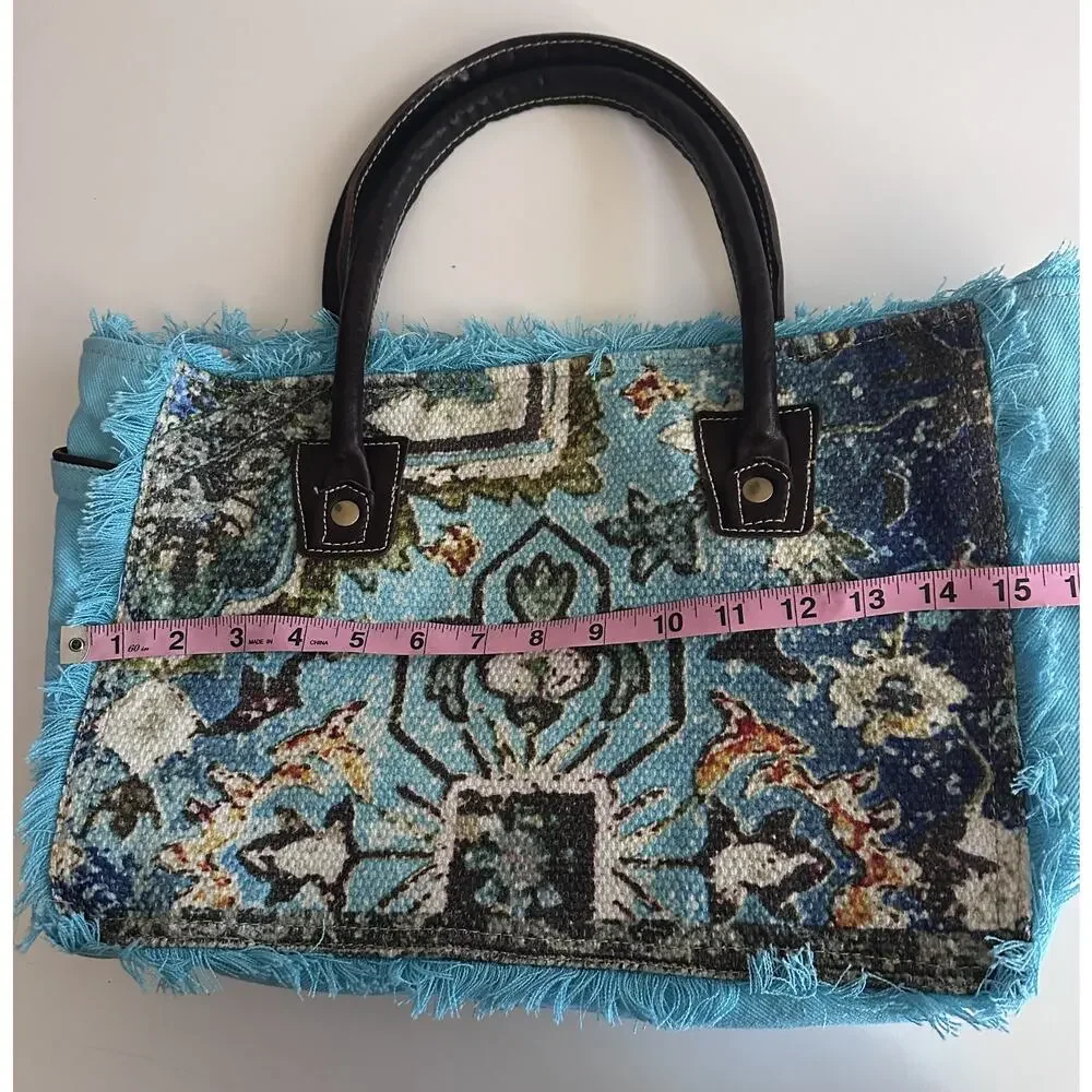 Myra Bag Ocean Live Small Tote Bag Womens Turquoise Canvas Leather Rug Boho - Picture 10 of 12
